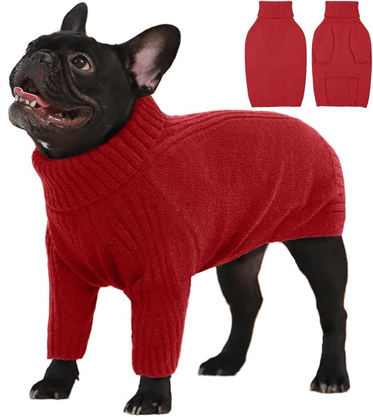 IECOii Large Dog Sweater,Pet Dog Sweaters for Large Dogs Boy,Thanksgiving Fall Knit Doggie Sweatshirt,Turtleneck Thick Warm Girl Dog Sweater,Winter Knitwear Clothes for Corgi,French Bulldog(Red,L) - PAWPICO