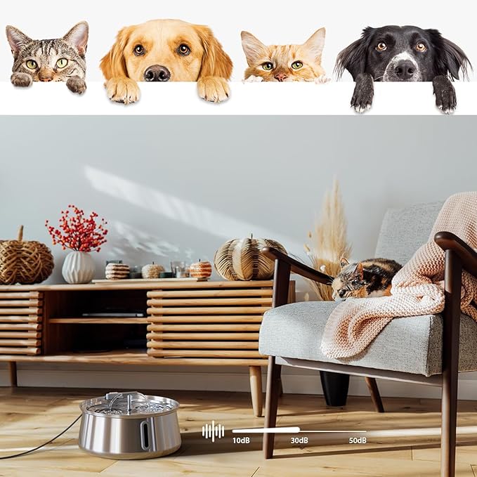 Cat Water Fountain,Automatic 134oz/4L Cat Fountain with Water Level Window,Dog Water Dispenser,Stainless Steel Pet Water Fountain,Quiet Pump,for Multiple Pets - PAWPICO