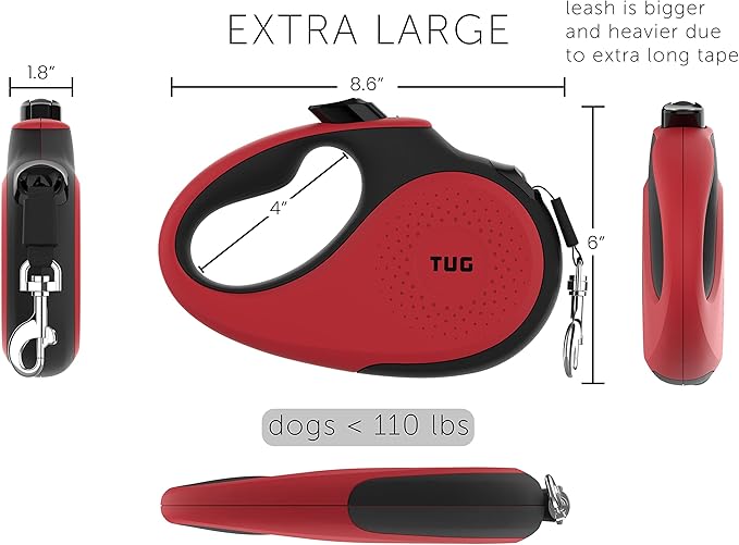 TUG XL 360° Tangle-Free Retractable Dog Leash with Anti-Slip Handle | 26 ft Strong Nylon Tape | One-Handed Brake, Pause, Lock (Extra Large, Red) TUG