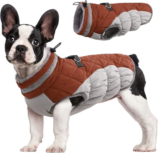 FUAMEY Dog Coat,Warm Dog Jacket Winter Coat Paded Dog Fleece Vest Reflective Dog Cold Weather Coats with Built in Harness Waterproof Windproof Dog Snow Jacket Clothes with Zipper Brown Small - PAWPICO