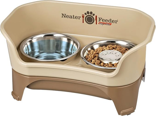 Neater Feeder - Express Model w/Slow Feed Bowl - Mess-Proof Dog Bowls (M/L, Cappuccino) Made in USA –Elevated, No Spill, Non-Tip, Non-Slip, Raised Stainless Steel Food/Water Pet Bowls Aid Digestion - PAWPICO