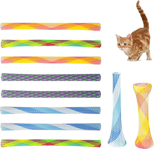 Andiker 10pcs Cat Tube Toy, 5.1inch Nylon Mesh Telescopic Folding Plastic Cat Spring Toy, Stylish Multi-Colored Cat Chew Toy, Interactive Cat Toys for Indoor Cats to Chase, Bite, and Pounce (10pcs) - PAWPICO