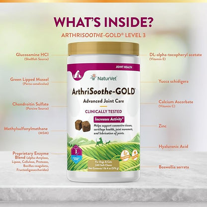 NaturVet Arthrisoothe Glucosamine for Dogs – Dog Supplement with Glucosamine, MSM, Chondroitin & Hyaluronic Acid – ArthriGold Level 3 – 240 Soft Chews NaturVet