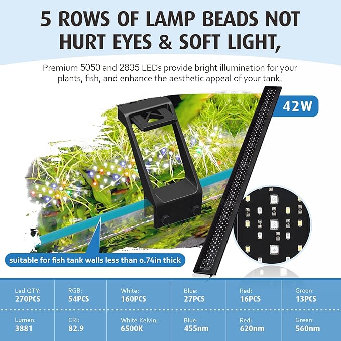 hygger Clip On Full Spectrum Aquarium LED Light, 42W Day-Night Dual Timer Sunrise-Day-Sunset-Moon Fish Tank Light, Adjustable Timer Brightness with 9 Colors for Planted Tank hygger