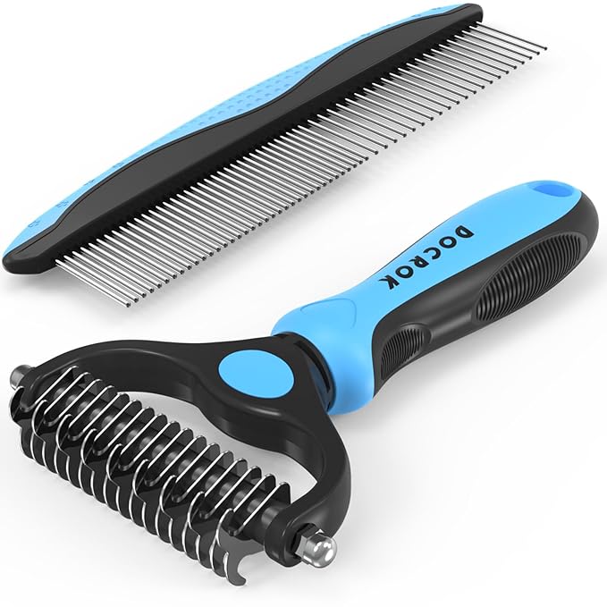 Pet Grooming Combo - Blue Deshedding Brush with Metal Comb for Detangling and Dematting Long, Matted Fur on Cats and Dogs - PAWPICO