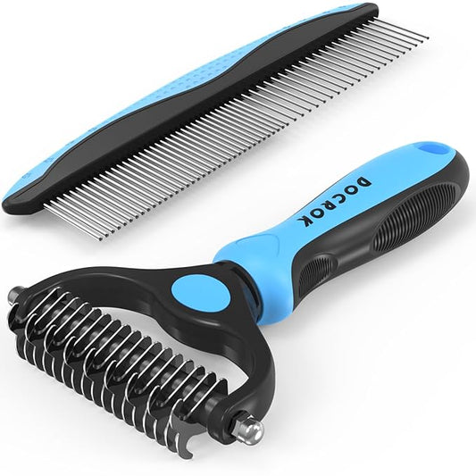 Pet Grooming Combo - Blue Deshedding Brush with Metal Comb for Detangling and Dematting Long, Matted Fur on Cats and Dogs - PAWPICO