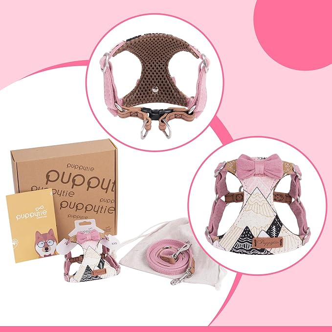Puppytie No Pull xs Dog Harness with Multifunction Dog Leash,Soft Adjustable No Choke Escape Proof Pet Harness Vest,Suede Bow Pink,XXS Puppytie