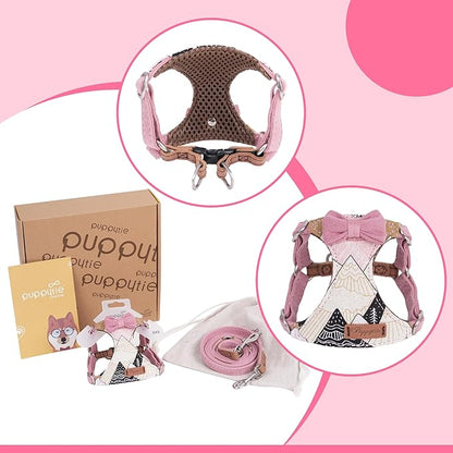 Puppytie No Pull xs Dog Harness with Multifunction Dog Leash,Soft Adjustable No Choke Escape Proof Pet Harness Vest,Suede Bow Pink,XXS Puppytie