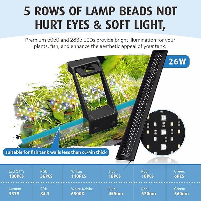 hygger Clip On Full Spectrum Aquarium LED Light, 26W Day-Night Dual Timer Sunrise-Day-Sunset-Moon Fish Tank Light, Adjustable Timer Brightness with 9 Colors for Planted Tank hygger