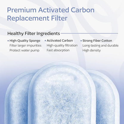 Cat Water Fountain Filters, Replacement Filters for 67oz/2L & 108oz/3.2L Stainless Steel Pet Fountains, Includes 8 Filters & 8 Sponges, Easy to Install and Clean - PAWPICO