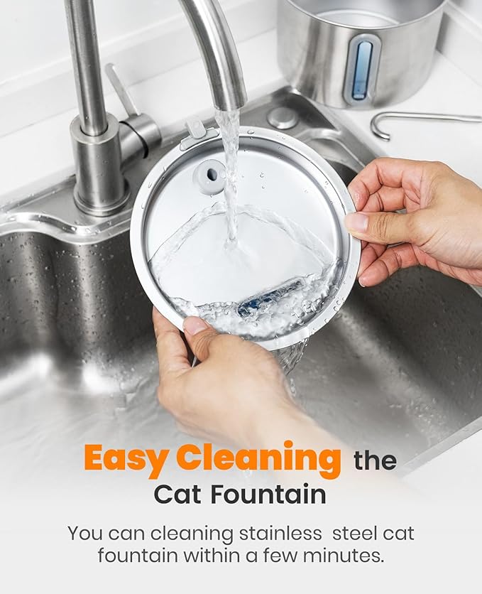 oneisall Stainless Steel Cat Water Fountain, 2L Water Fountains for Cats Indoor with Quiet Pump and 3 Replacement Filters, Pet Water Fountain Faucet Spout Design Cat Fountain Drinking Inside, PWF 001 - PAWPICO