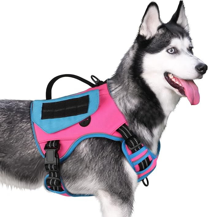 WINGOIN Tactical Dog Harness for Large Dogs, No Pull Harness with Handle Pockets Poop Bag, Reflective Dog Vest, Military Service Heavy Duty Big Dog Harness for Walking Hiking Training, Pink Blue, L WINGOIN