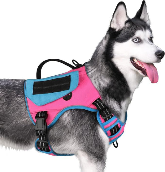 WINGOIN Tactical Dog Harness for Medium Dogs, No Pull Harness with Handle Pockets Poop Bag, Reflective Dog Vest, Military Service Heavy Duty Big Dog Harness for Walking Hiking Training, Pink Blue, M WINGOIN
