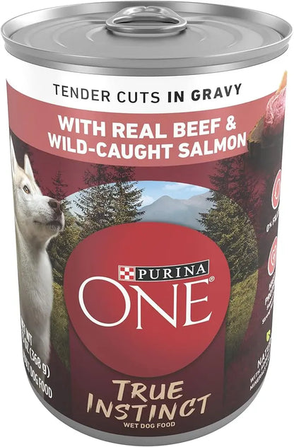Purina ONE High Protein Wet Dog Food True Instinct Tender Cuts in Dog Food Gravy With Real Beef and Wild-Caught Salmon - (Pack of 12) 13 oz. Cans - PAWPICO