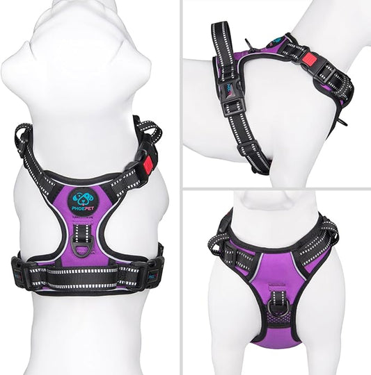 PHOEPET Reflective Dog Harness Large Breed Adjustable No Pull Vest with Handle 2 Metal Rings 3 Buckles [Easy to Put on & Take Off](L, Purple) PHOEPET