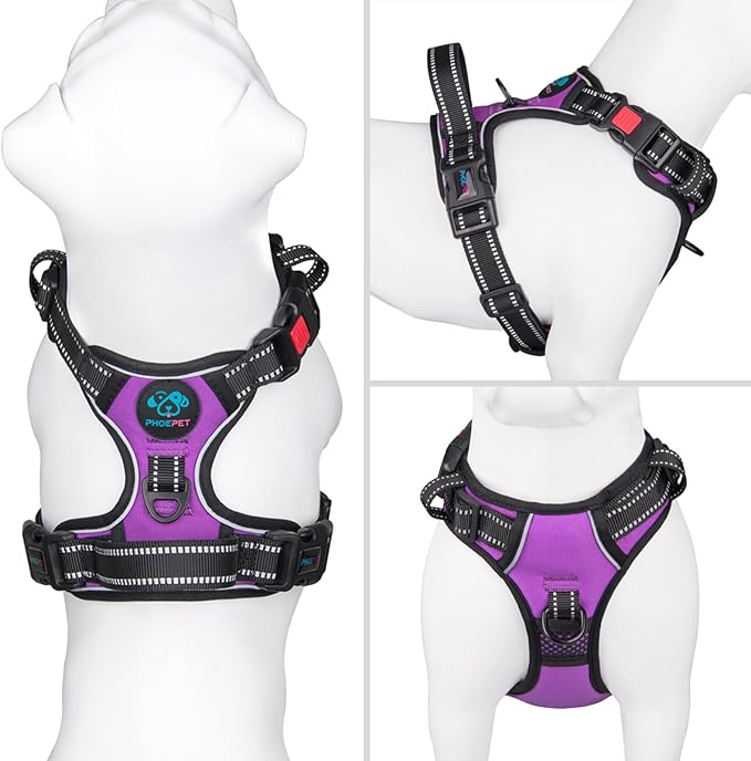 PHOEPET No Pull Dog Harness Medium Reflective Front Clip Vest with Handle,Adjustable 2 Metal Rings 3 Buckles,[Easy to Put on & Take Off](M, Purple) PHOEPET