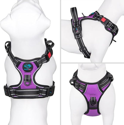 PHOEPET No Pull Dog Harness Medium Reflective Front Clip Vest with Handle,Adjustable 2 Metal Rings 3 Buckles,[Easy to Put on & Take Off](M, Purple) PHOEPET