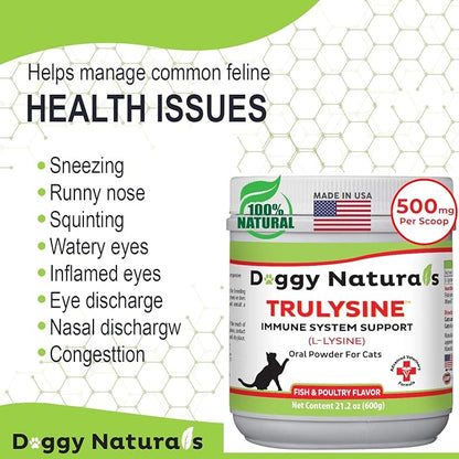Trulysine L-Lysine for Cats Immune Support Oral Powder 21.2oz/600g - Cats & Kittens of All Age, Sneezing, Runny Nose Squinting, Watery Eyes-Fish & Poultry Flavor (U.S.A)(600 Grams (500mg / Scoop)) Pet+Health+Pharma