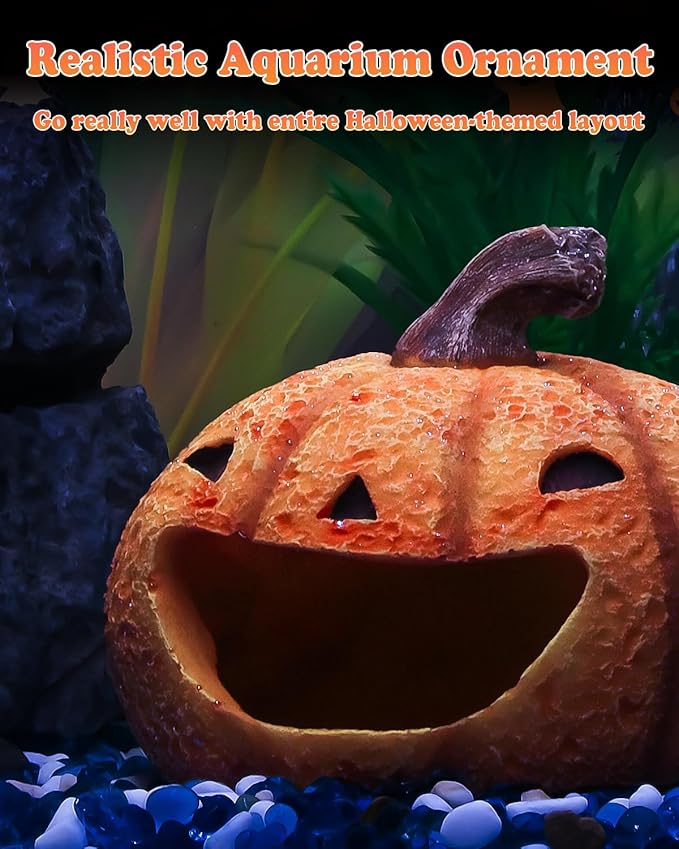 Uniclife Halloween Aquarium Decoration Resin Pumpkin House Ornament Halloween Fish Tank Pumpkin Decoration for Aquarium Landscape Reptile Hideout Hideaway Spawning Cave for 5-20 Gallon Fish Tanks UnicLife