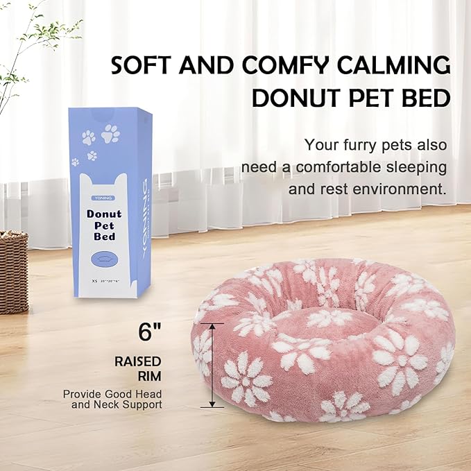 Donut Dog Beds for Small Dogs, Calming Round Cat Beds for Indoor Cats, Cute 3D Textured Flower Pet Bed with Removable Washable Cover and Anti-Slip Bottom（Pink，20"） - PAWPICO