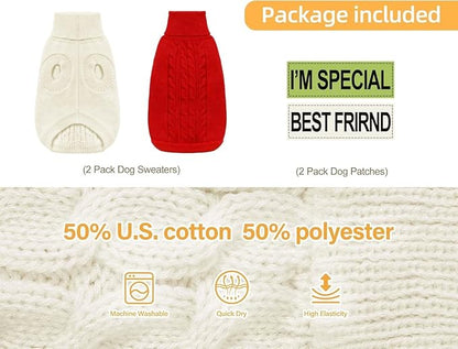 2 Pack Dog Sweaters for Small Dogs - Puppy Medium Warm Clothes in Winter, Turtleneck Pullover Design for Boy Girl Pet, Doggie, Cat, Kitten Chihuahua Bulldog Pug Beagles (2XL, Red, Beige) - PAWPICO