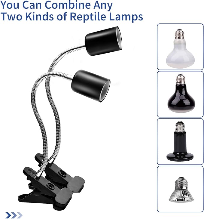 Techsea 2 Pack Reptile Heat Lamps with 360° Rotatable Clips, UVA + UVB Spectrum for Terrariums, 2 Light Bulbs Inside (Black-2 Pack) Techsea