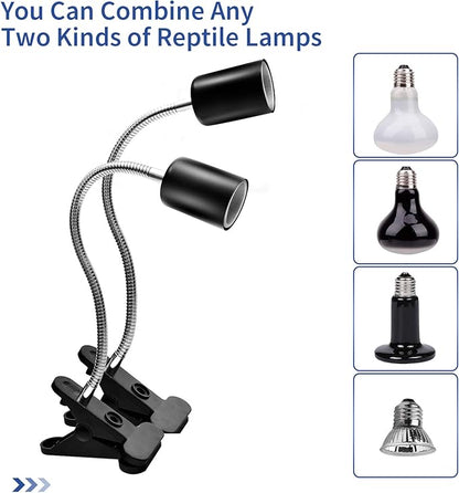 Techsea 2 Pack Reptile Heat Lamps with 360° Rotatable Clips, UVA + UVB Spectrum for Terrariums, 2 Light Bulbs Inside (Black-2 Pack) Techsea