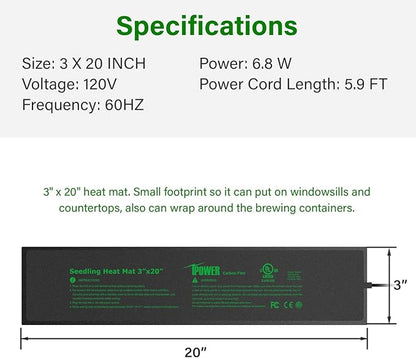 iPower 3" x 20" Seeding Heat Mat with Thermostat Temperature Adjustable Knob Durable Warm Hydroponic Plant Germination Starting Pad, Black iPower