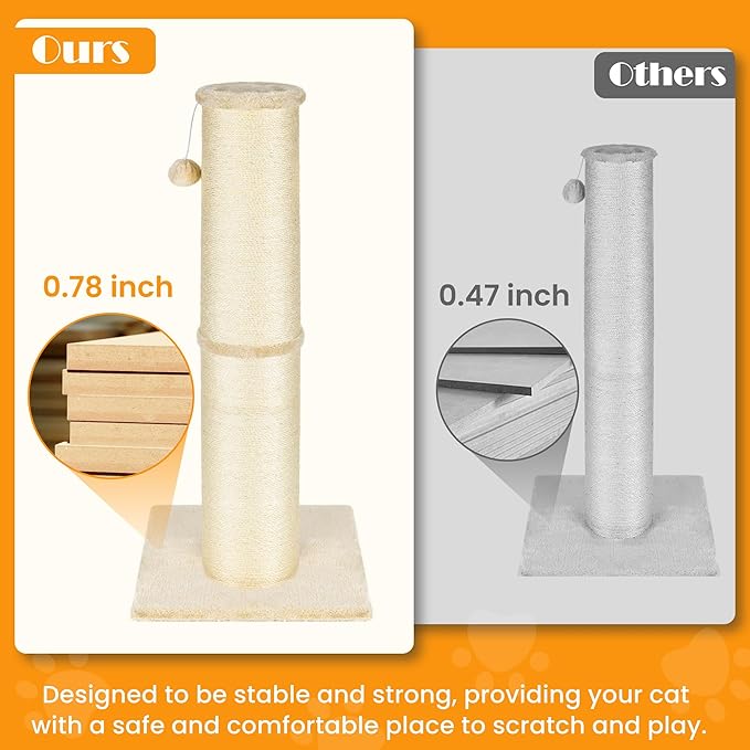 PAWSCRAT Cat Scratching Post 32 Inch High, 5.5 Inch Large Diameter Natural Sisal Cat Scratch Post, Scratch-Resistant and Durable Tall Cat Scratcher for Indoor Cats, Protect Your Furniture, Beige - PAWPICO