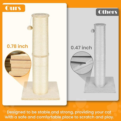 PAWSCRAT Cat Scratching Post 32 Inch High, 5.5 Inch Large Diameter Natural Sisal Cat Scratch Post, Scratch-Resistant and Durable Tall Cat Scratcher for Indoor Cats, Protect Your Furniture, Beige - PAWPICO