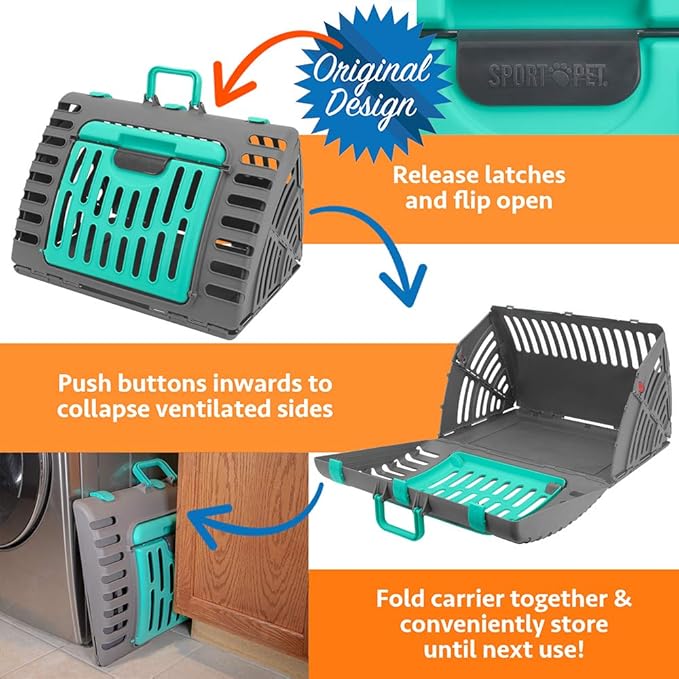 Sport Pet Designs Foldable Travel Cat Carrier - Front Door Plastic Collapsible Carrier Collection, Waterproof Bed - PAWPICO
