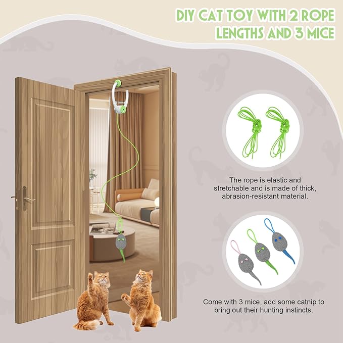 Cat Toy Interactive for Indoor Cats, Smart USB Rechargeable Door Hanging Automatic Retractable Kitten Toys, Teaser Electronic Self Play Feather Cat String Toy Attached with 3 Catnip Mice Green - PAWPICO