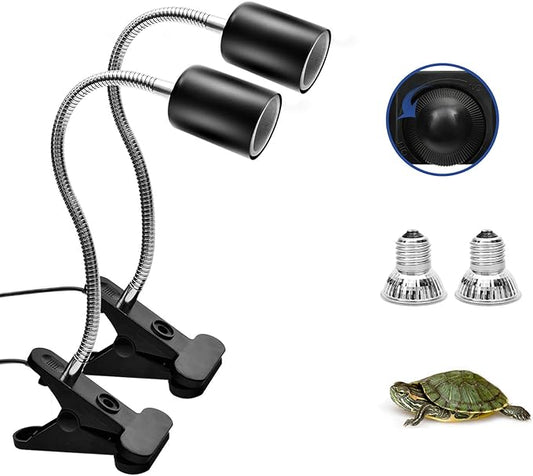 Techsea 2 Pack Reptile Heat Lamps with 360° Rotatable Clips, UVA + UVB Spectrum for Terrariums, 2 Light Bulbs Inside (Black-2 Pack) Techsea