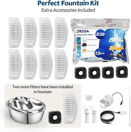 ORSDA Cat Water Fountain, 2L Stainless Steel Pet Water Fountain, Automatic Drinking Fountain Dog Water Dispenser with 12 Replacement Filters for Cats, Small Dogs - PAWPICO