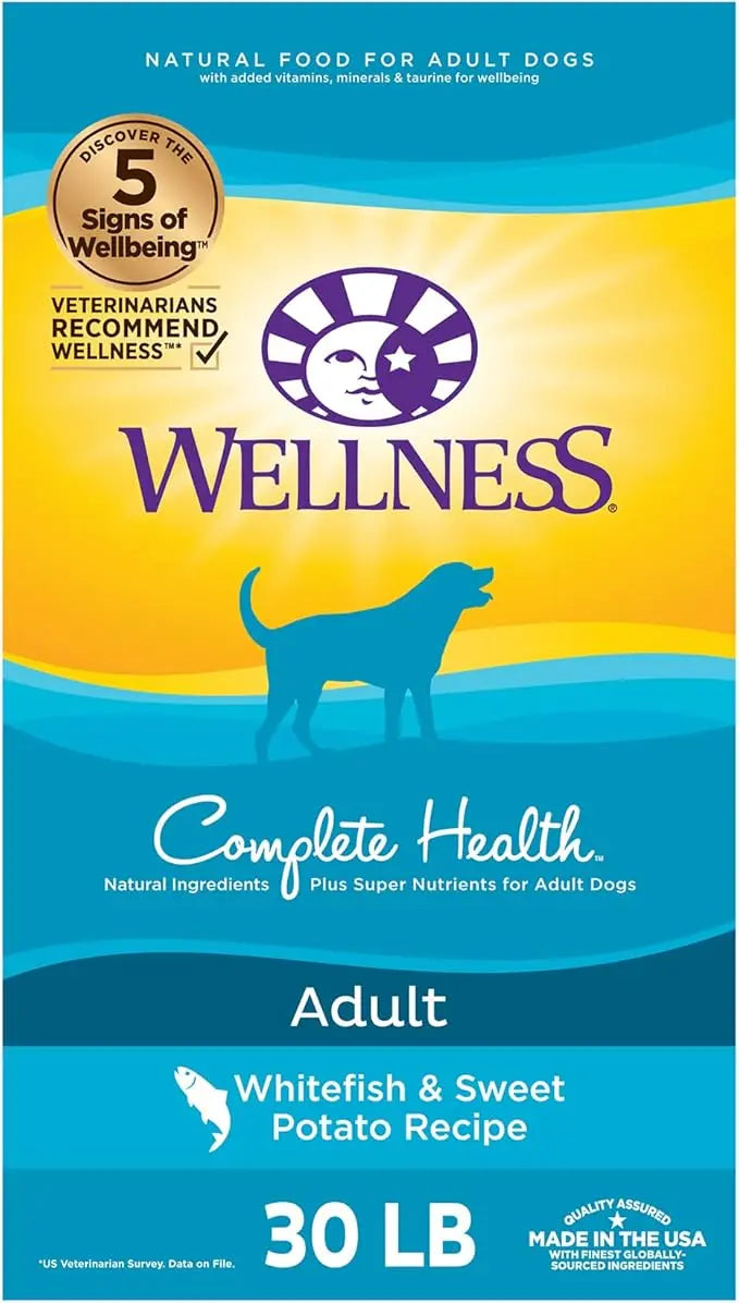 Wellness Complete Health Dry Dog Food with Grains, Made in USA with Real Meat & Natural Ingredients, All Breeds, Adult Dogs (Whitefish, 30-lb) – With Nutrients for Immune, Skin, & Coat Support - PAWPICO