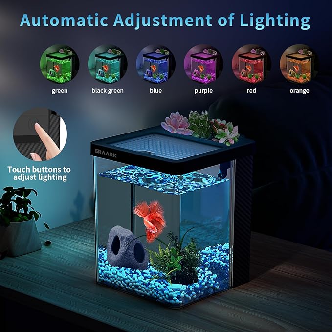 Aquarium kit 1.5 Gallon Betta Fish Tank with Filter LED Light, Water Pump, Decorate Water Plants and Sand, Fish Tank Starter Kits, Fish Bowl ERAARK