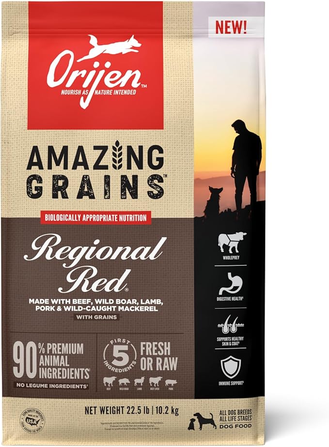ORIJEN Amazing Grains Regional RED Dry Dog Food, High Protein Dog Food for All Life Stages, Fresh or Raw Ingredients, 22.5lb - PAWPICO