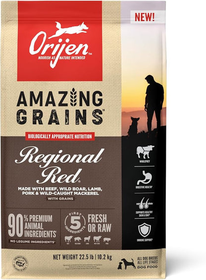 ORIJEN Amazing Grains Regional RED Dry Dog Food, High Protein Dog Food for All Life Stages, Fresh or Raw Ingredients, 22.5lb - PAWPICO