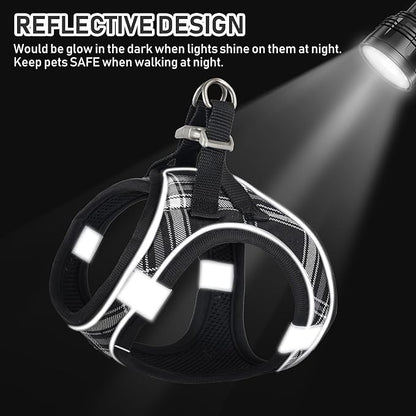 GAMUDA Small Dog Harness Collar and Leash Set, Step in No Chock No Pull Soft Mesh Adjustable Dog Vest Harnesses Plaid Reflective for Dogs Puppy Cats Kitten Rabbit (Black, XL) GAMUDACollarsCollection
