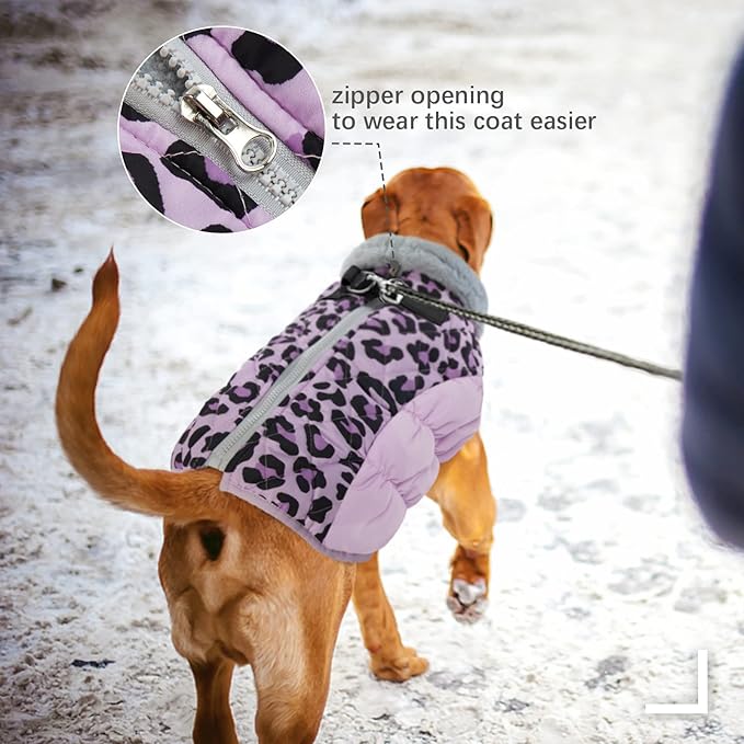 FUAMEY Dog Winter Coat,Dog Cold Weather Coats Dog Jackets with Zipper on Back with Harness Built in Dog Paded Vest Water Resistant Reflective Jacket for Small Medium Large Dogs Purple Leopard M - PAWPICO