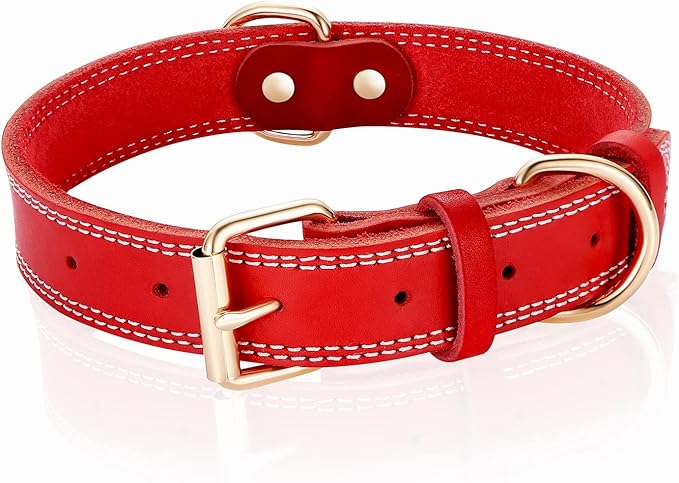 Genuine Leather Dog Collar,Heavy Duty Dog Collar,Valentines Dog Collar for Small Dog,Medium Dog,Large Dog and Extra Large Dog (XL: 1.4" Wide for 18.6"-25.8" Neck,Dual Stitch - Red) DAIHAQIKO