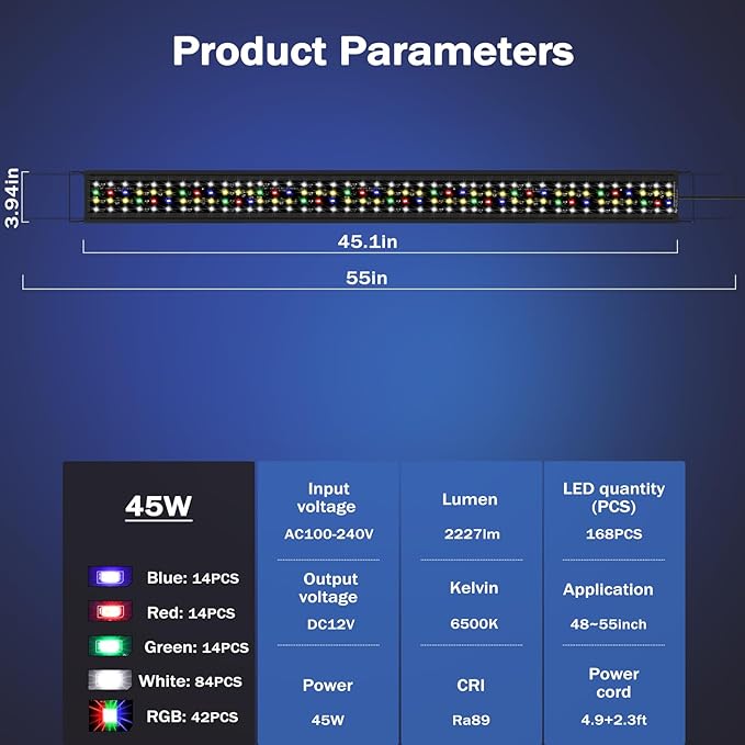 AQQA Aquarium Light,Remote Control Fish Tank Light,DIY Infinitely Adjustable Light Color,10 Light Brightnesses,2 Full Spectrum Lights,9 Dynamic Light Modes for Freshwater (45W) AQQA