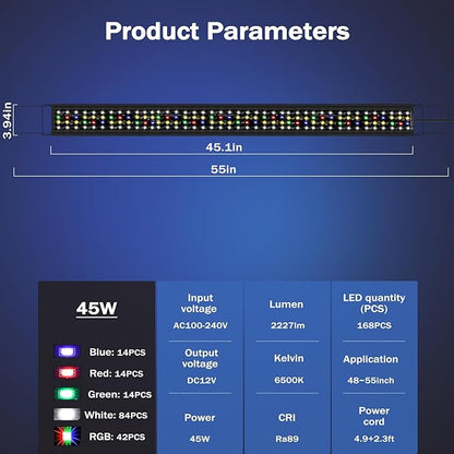 AQQA Aquarium Light,Remote Control Fish Tank Light,DIY Infinitely Adjustable Light Color,10 Light Brightnesses,2 Full Spectrum Lights,9 Dynamic Light Modes for Freshwater (45W) AQQA