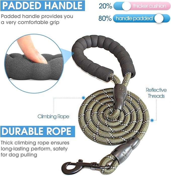 BAAPET 2/4/5/6 FT Dog Leash with Comfortable Padded Handle and Highly Reflective Threads for Small Medium and Large Dogs (5FT-1/2'', Olive Green) BAAPET