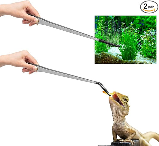Lasnten 2 Pcs Extra Long Stainless Steel Reptile Feeding Tongs with Rubber Tip Bearded Dragon Aquarium Straight and Curved Long Tweezer Terrarium Feeder Tool for Tank(Silver, 18.5 Inch, 18.9 Inch) Lasnten