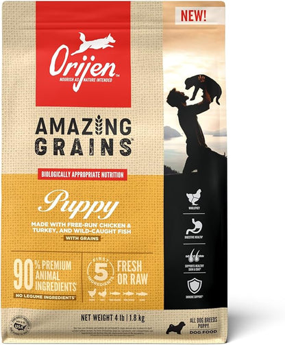 ORIJEN Amazing Grains Puppy Dry Dog Food, High Protein Dog Food for Puppies, Fresh or Raw Ingredients, 4lb - PAWPICO