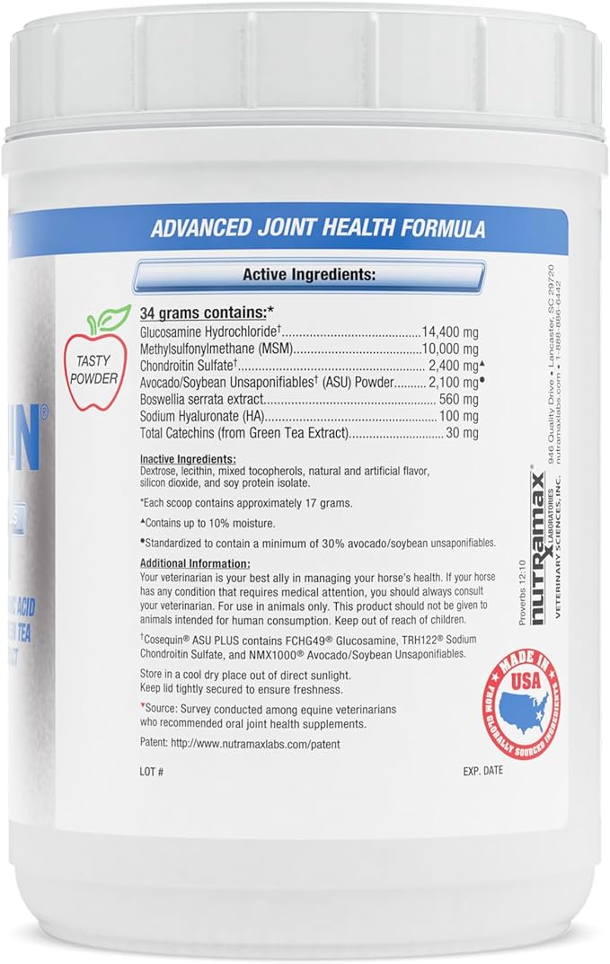 Nutramax Cosequin ASU Joint Health Supplement for Horses - Powder with Glucosamine, Chondroitin, MSM, ASU, Green Tea Extract, and Hyaluronic Acid, 1050 Grams NutramaxLaboratories