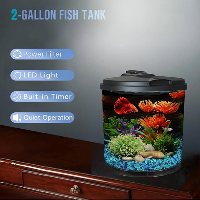 Koller Products AquaView 2-Gallon Plastic 360 Aquarium with Power Filter & LED Lighting for Tropical Fish - Betta Fish DISCOVERTHEEXCITINGWORLDOFKEEPINGTROPICALFISH
