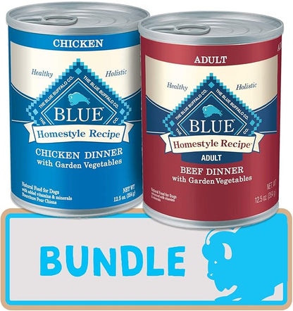 Blue Buffalo Homestyle Recipe Natural Adult Wet Dog Food Variety Pack, Chicken & Beef 12.5 oz cans (24 Count- 12 of Each Flavor) - PAWPICO