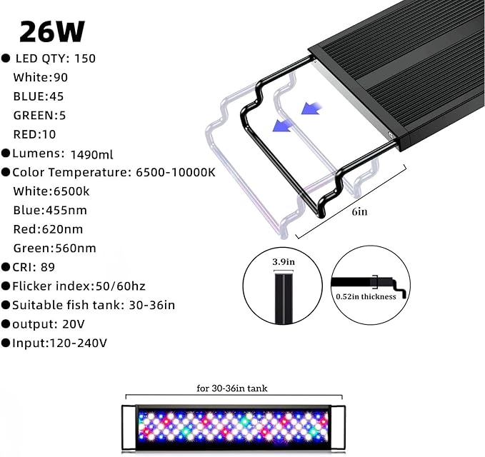 26w led Aquarium Light,Sunrise/Daylight/Moonlight, DIY Mode, Adjustable Timer/Color Temperature/Brightness, Full Spectrum, Aluminum Fish Tank Light for 30-36 inch. VISTALUM